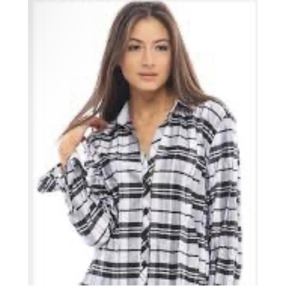 BELUVA San Francisco Black White Plaid Crinkle Long Sleeve Shirt Size Large